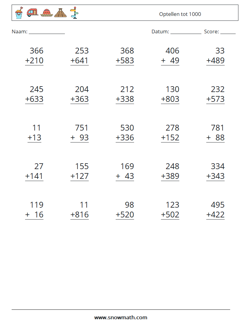 (25) Optellen tot 1000 Wiskundige werkbladen 13