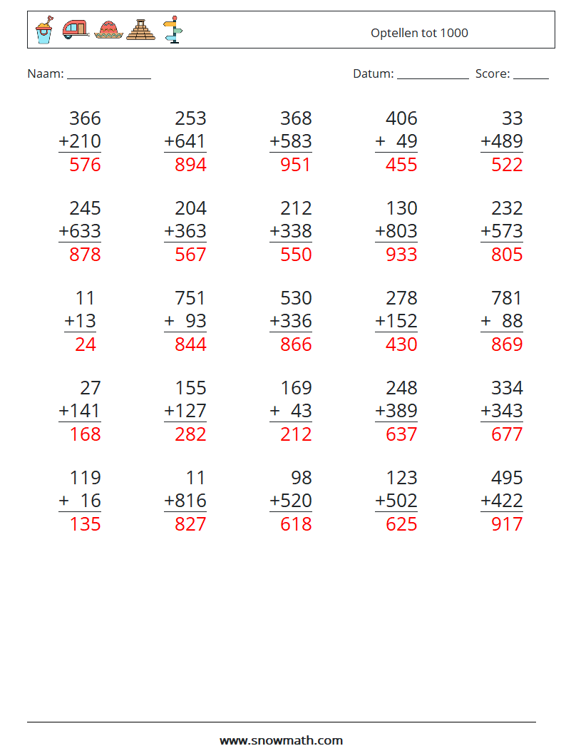 (25) Optellen tot 1000 Wiskundige werkbladen 13 Vraag, Antwoord