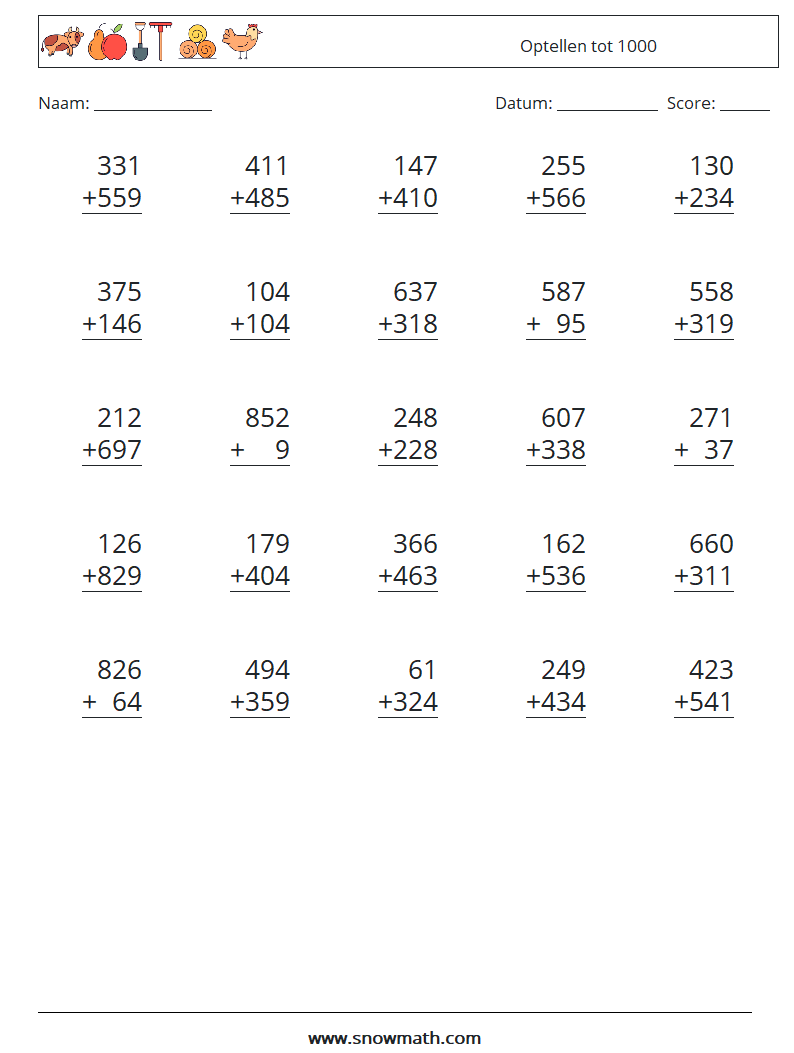 (25) Optellen tot 1000 Wiskundige werkbladen 14