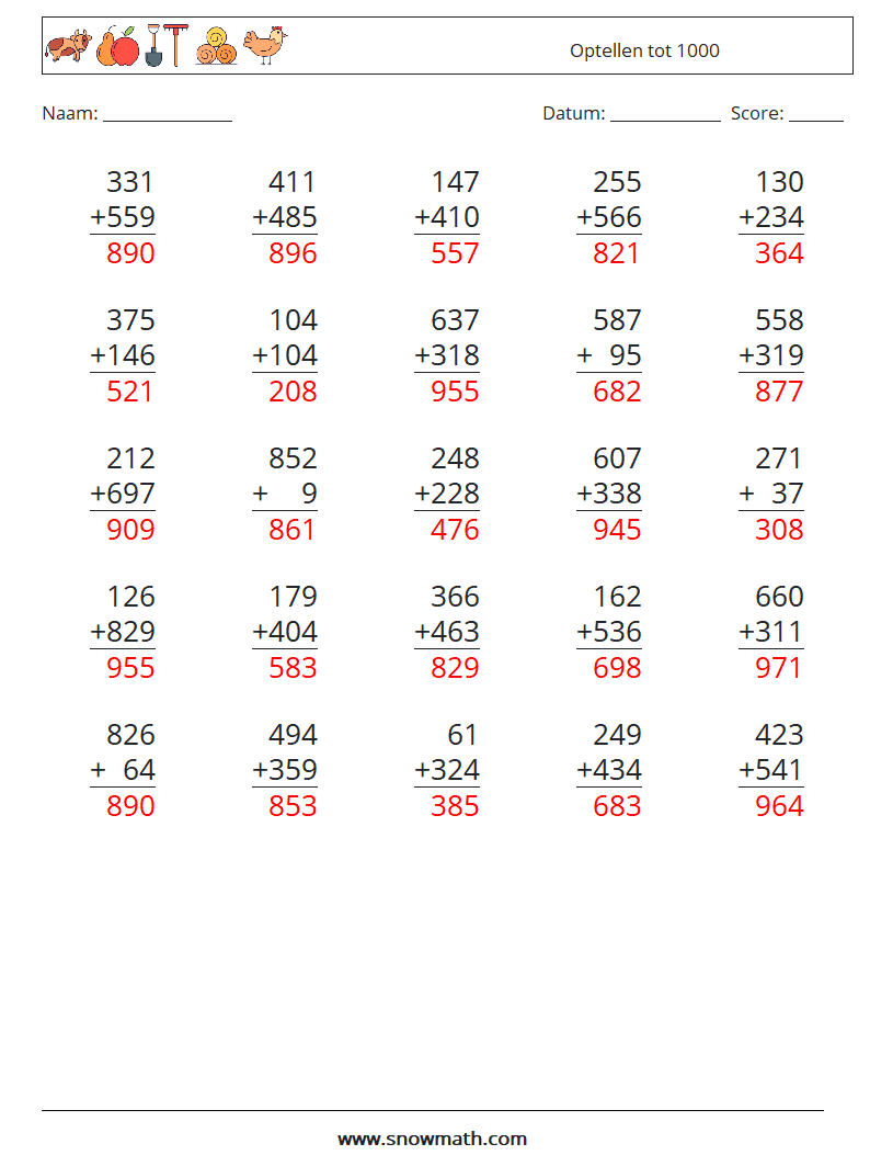 (25) Optellen tot 1000 Wiskundige werkbladen 14 Vraag, Antwoord