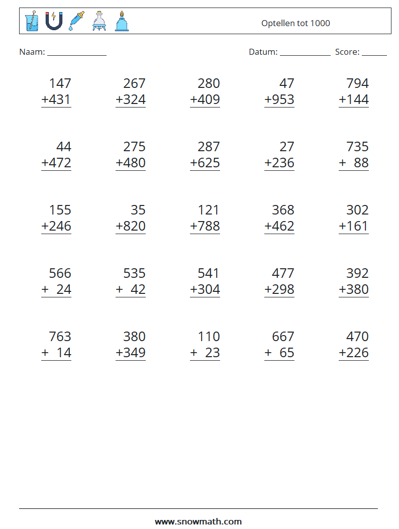 (25) Optellen tot 1000 Wiskundige werkbladen 16