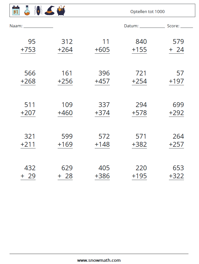 (25) Optellen tot 1000 Wiskundige werkbladen 17