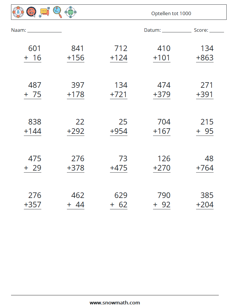 (25) Optellen tot 1000 Wiskundige werkbladen 18