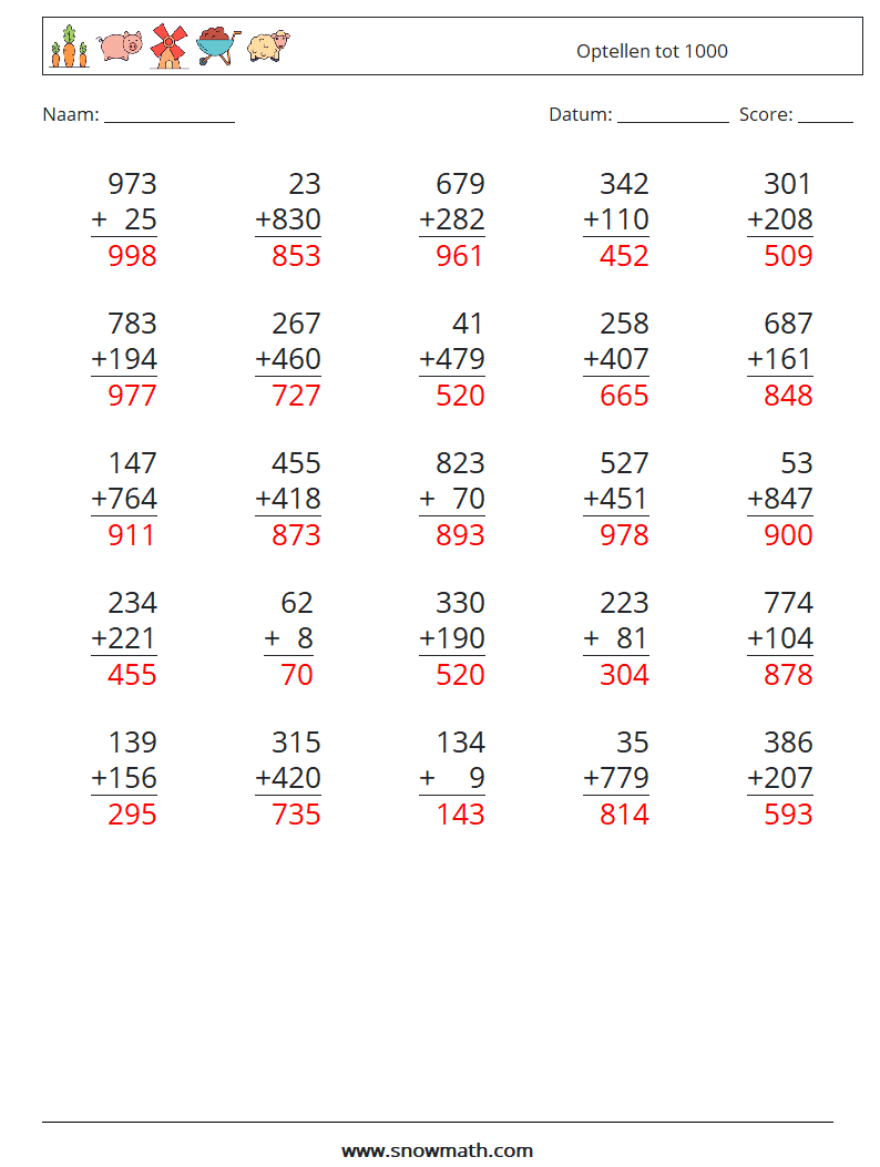 (25) Optellen tot 1000 Wiskundige werkbladen 1 Vraag, Antwoord