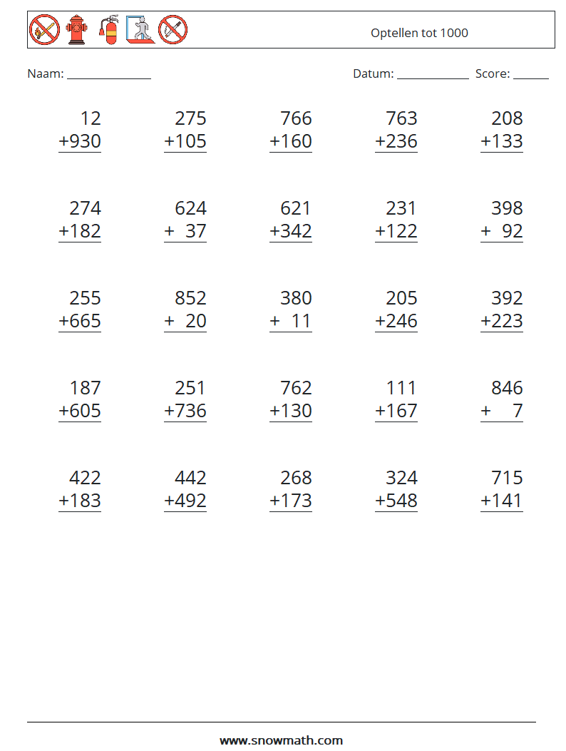 (25) Optellen tot 1000 Wiskundige werkbladen 2