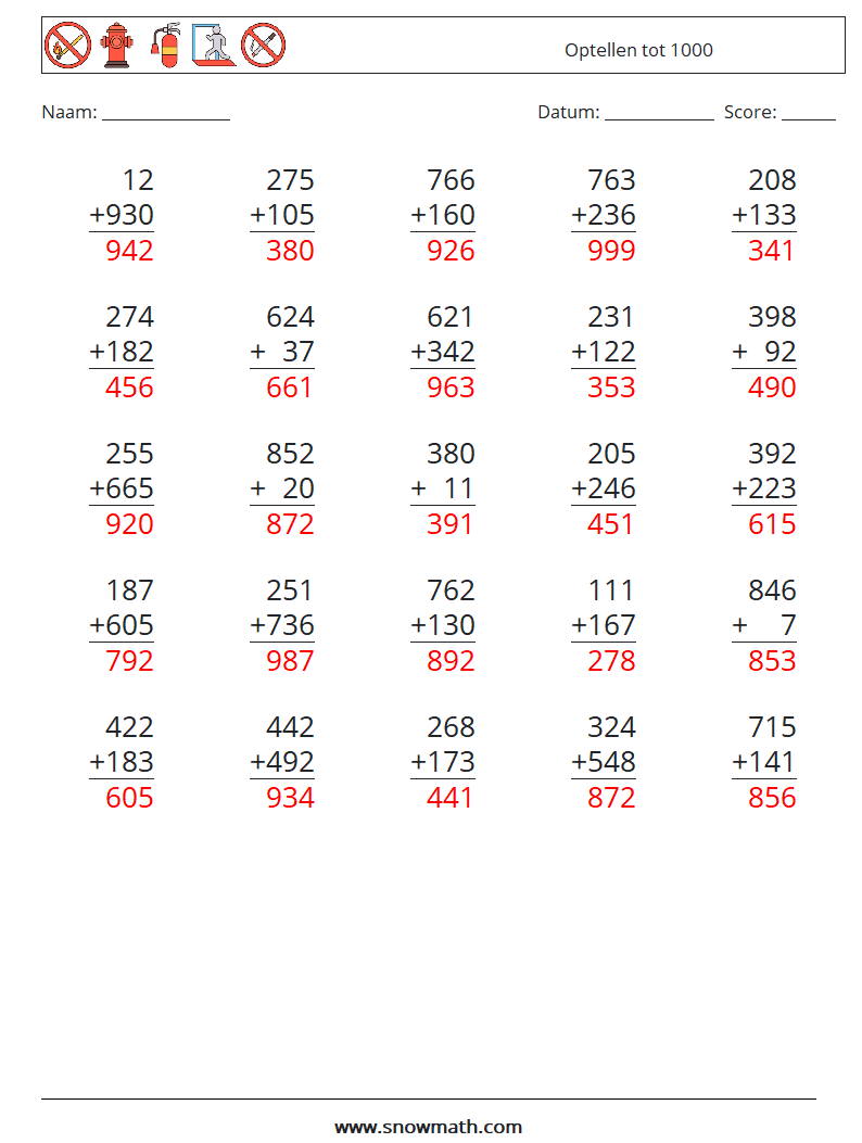 (25) Optellen tot 1000 Wiskundige werkbladen 2 Vraag, Antwoord