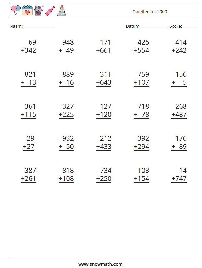 (25) Optellen tot 1000 Wiskundige werkbladen 3