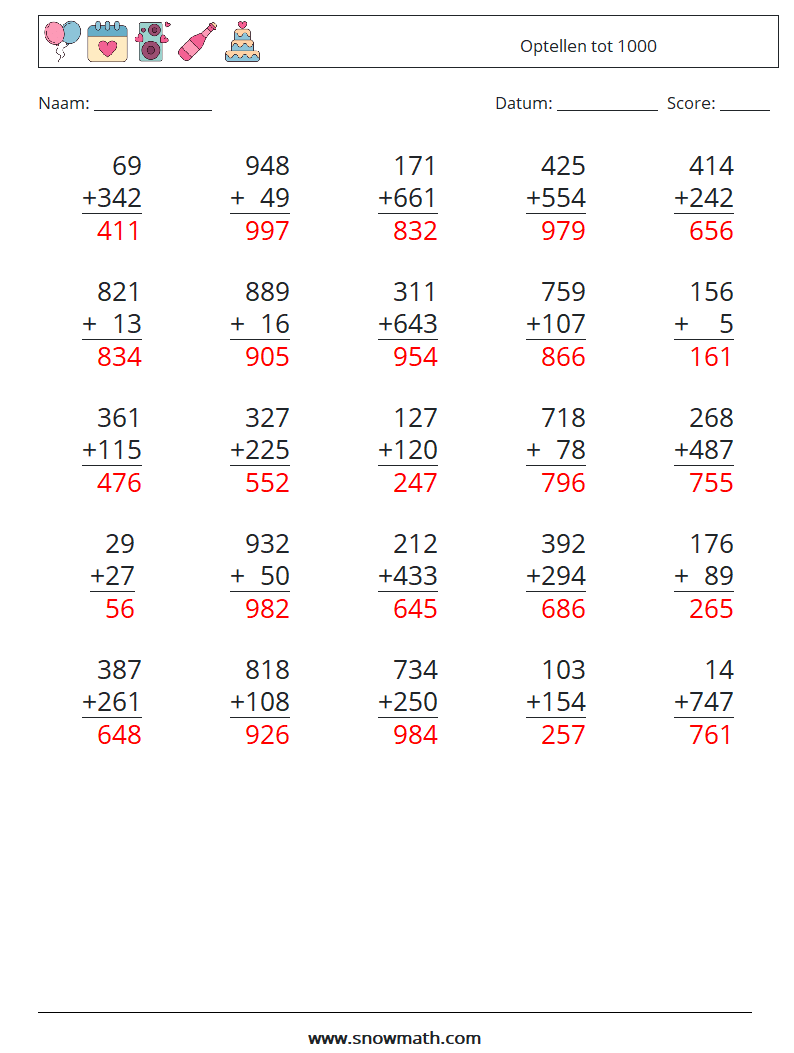 (25) Optellen tot 1000 Wiskundige werkbladen 3 Vraag, Antwoord