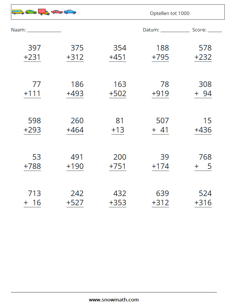 (25) Optellen tot 1000 Wiskundige werkbladen 4