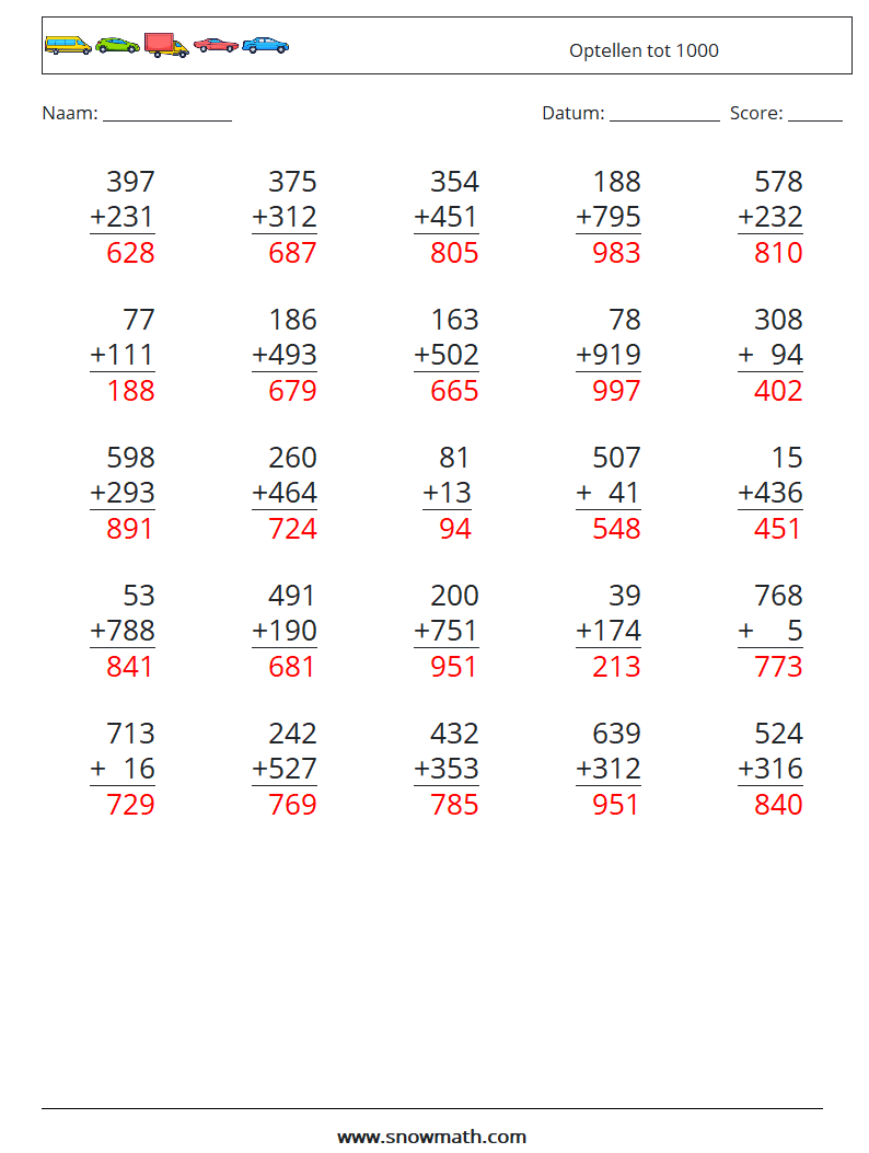 (25) Optellen tot 1000 Wiskundige werkbladen 4 Vraag, Antwoord