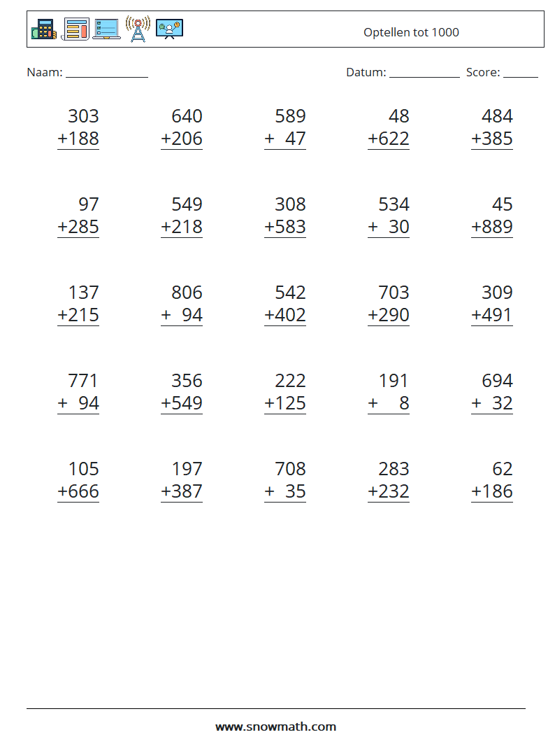 (25) Optellen tot 1000 Wiskundige werkbladen 5