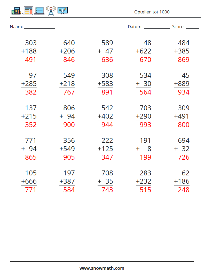 (25) Optellen tot 1000 Wiskundige werkbladen 5 Vraag, Antwoord