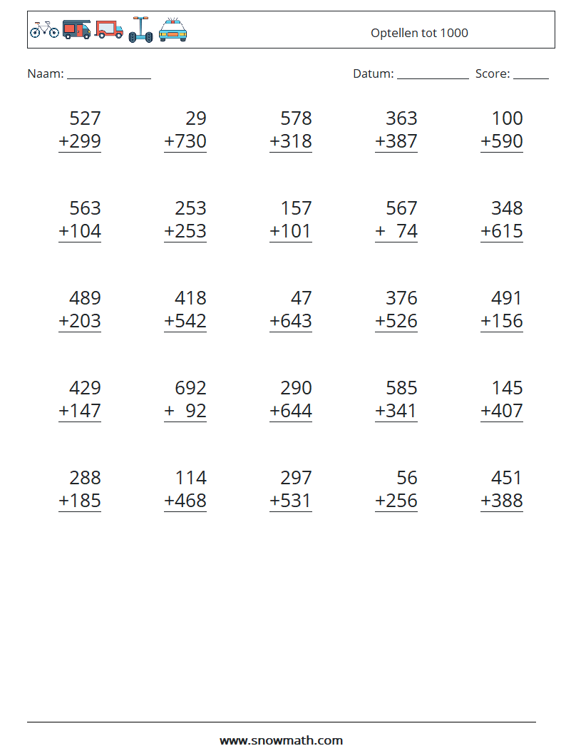 (25) Optellen tot 1000 Wiskundige werkbladen 6