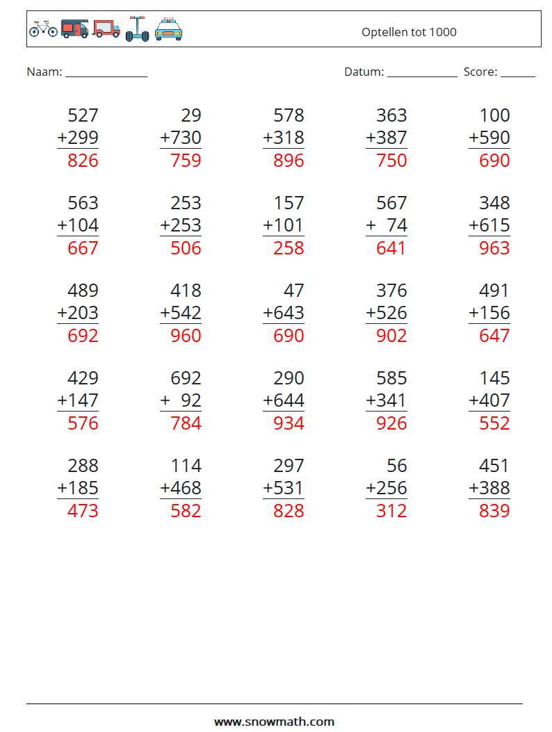 (25) Optellen tot 1000 Wiskundige werkbladen 6 Vraag, Antwoord