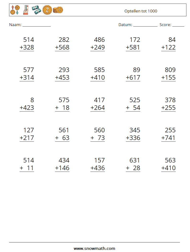 (25) Optellen tot 1000 Wiskundige werkbladen 7