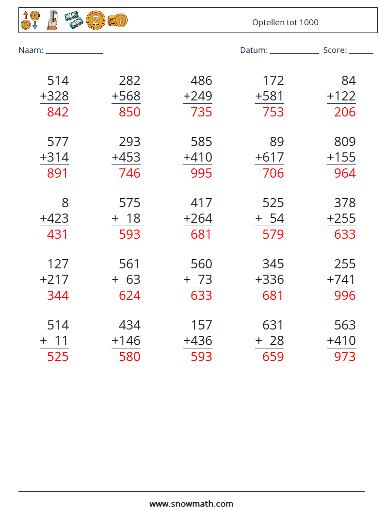 (25) Optellen tot 1000 Wiskundige werkbladen 7 Vraag, Antwoord