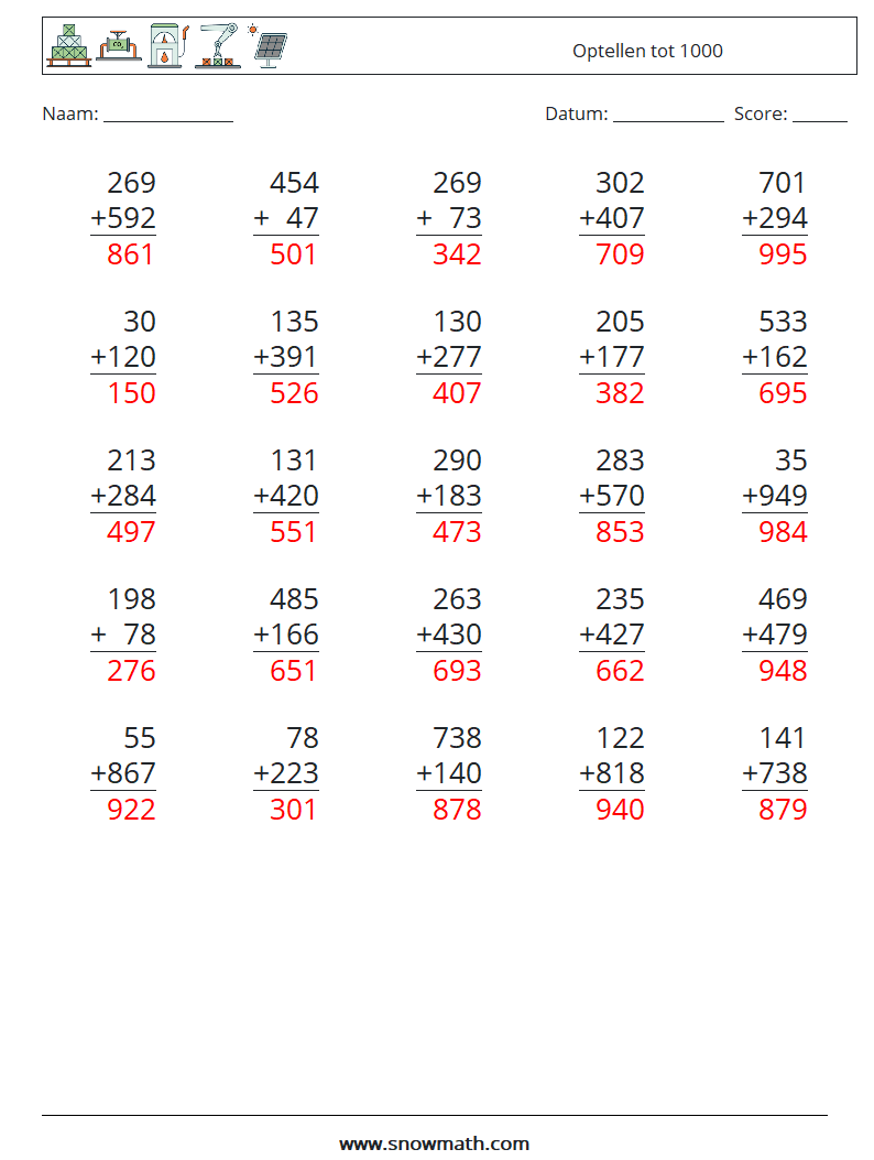 (25) Optellen tot 1000 Wiskundige werkbladen 8 Vraag, Antwoord