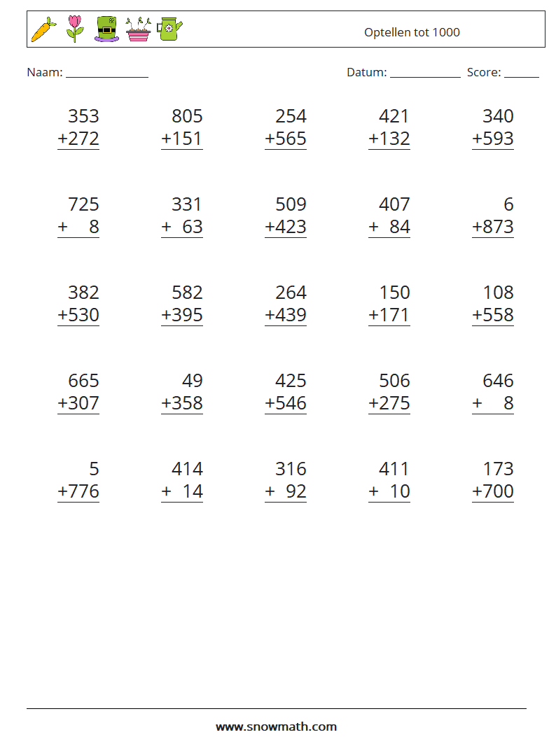 (25) Optellen tot 1000 Wiskundige werkbladen 9