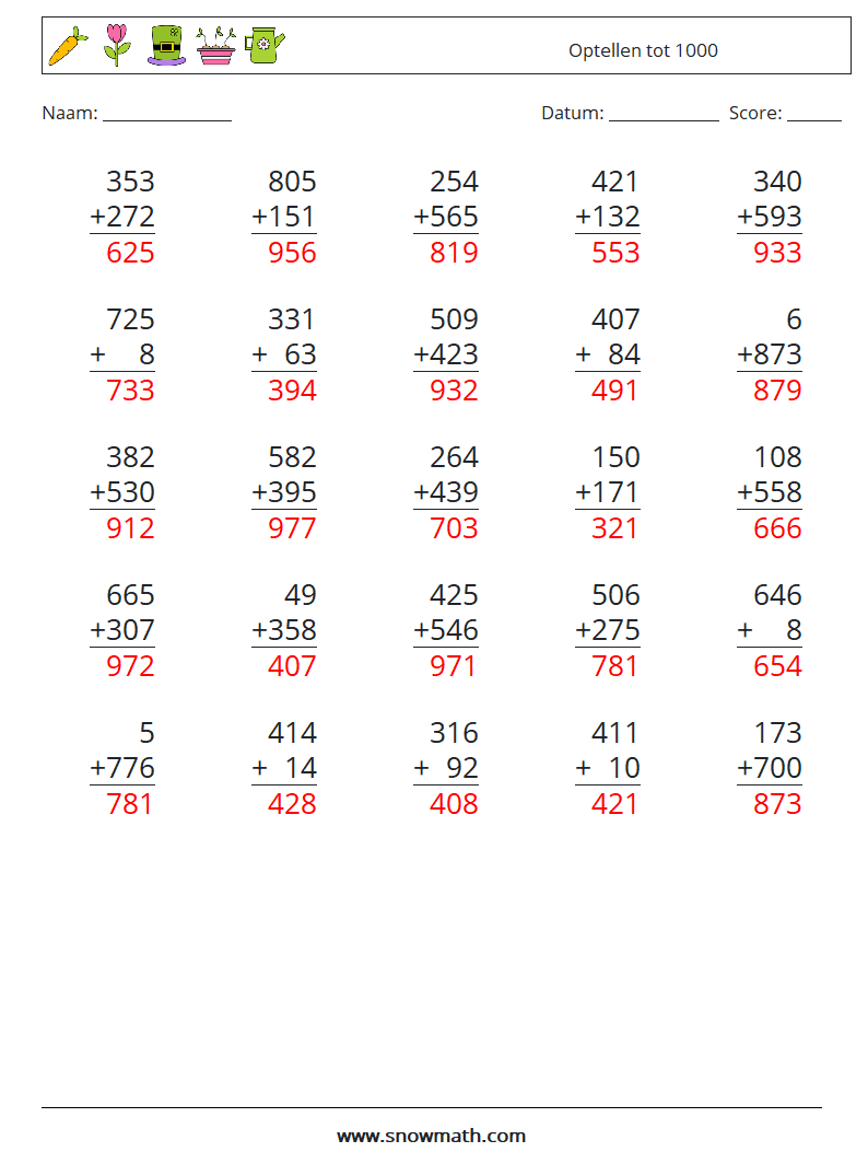 (25) Optellen tot 1000 Wiskundige werkbladen 9 Vraag, Antwoord