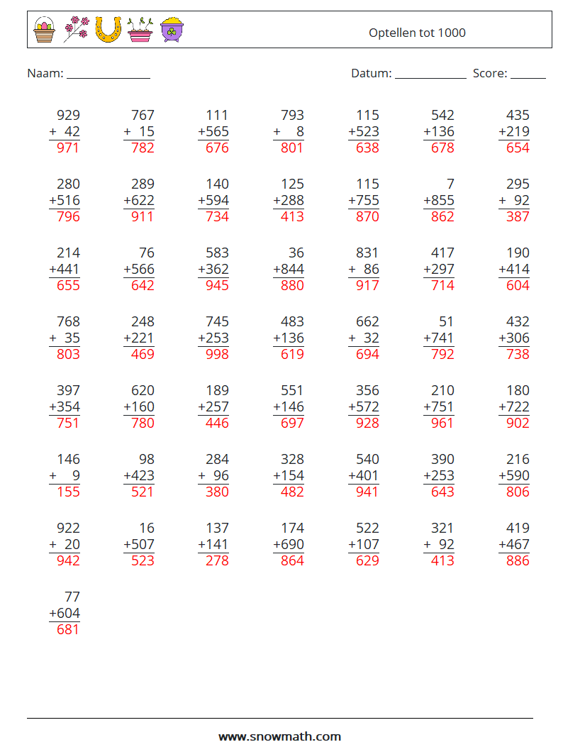 (50) Optellen tot 1000 Wiskundige werkbladen 1 Vraag, Antwoord