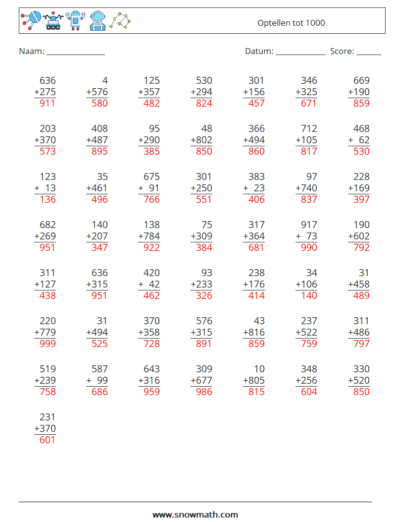 (50) Optellen tot 1000 Wiskundige werkbladen 2 Vraag, Antwoord