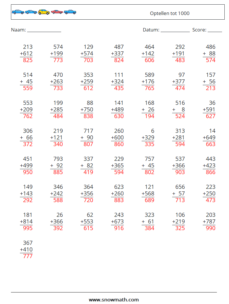 (50) Optellen tot 1000 Wiskundige werkbladen 3 Vraag, Antwoord