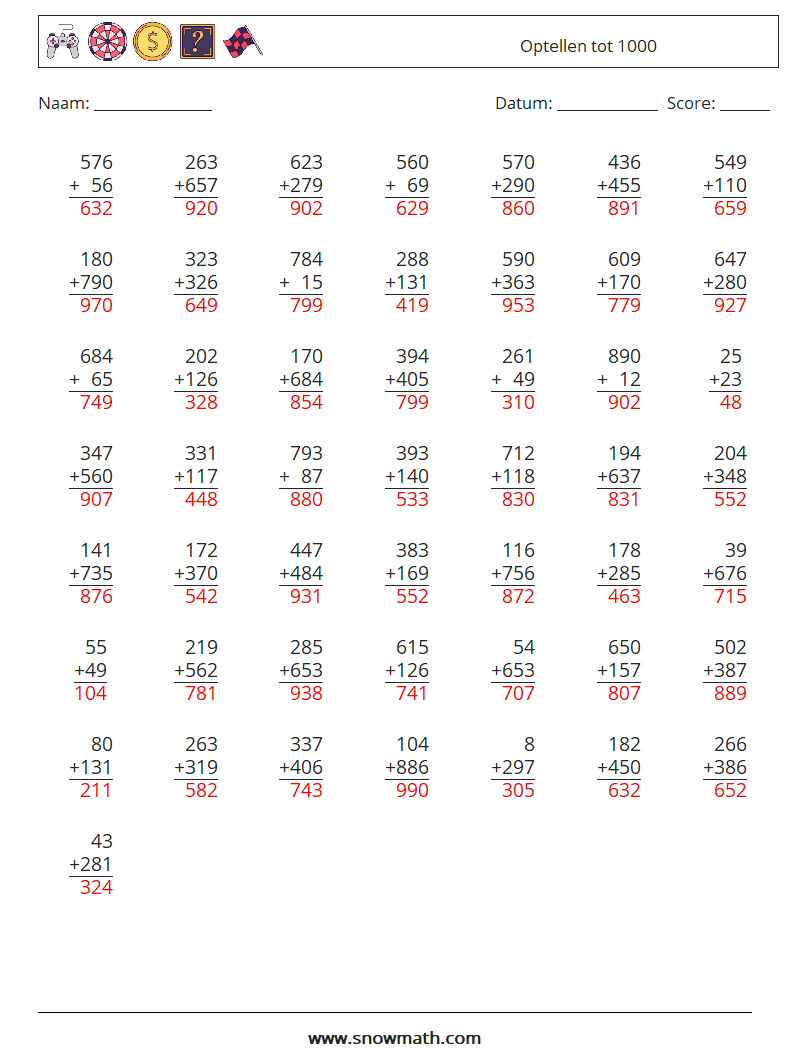 (50) Optellen tot 1000 Wiskundige werkbladen 4 Vraag, Antwoord