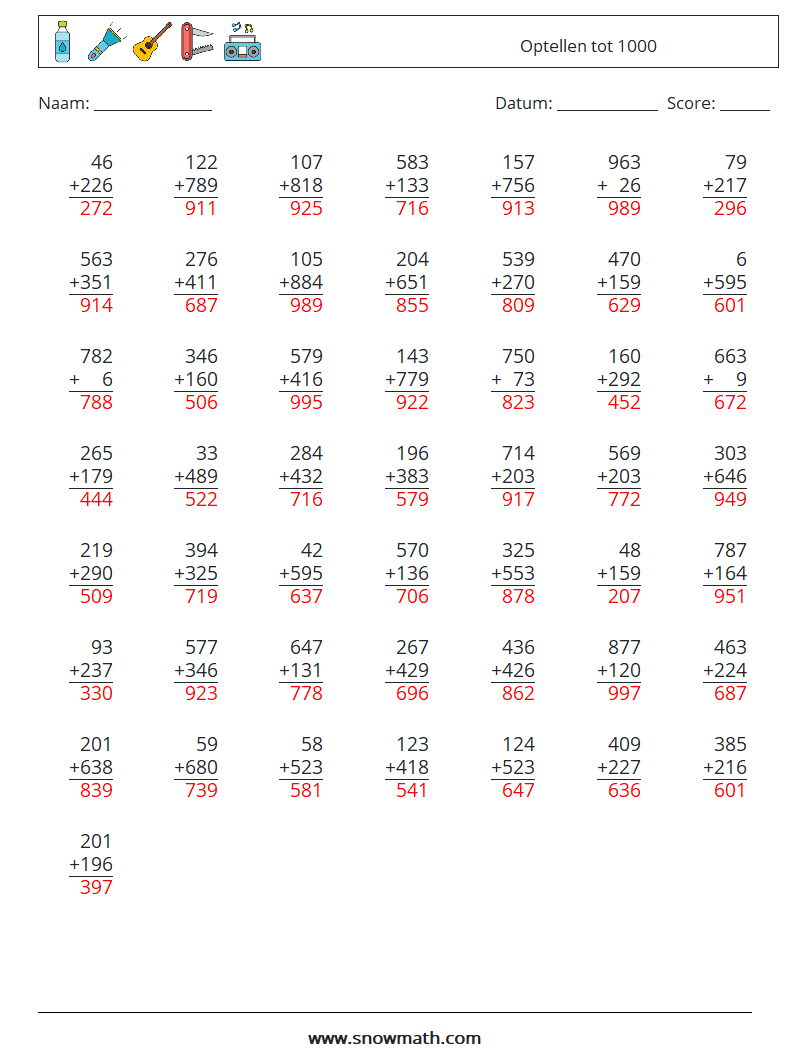 (50) Optellen tot 1000 Wiskundige werkbladen 5 Vraag, Antwoord