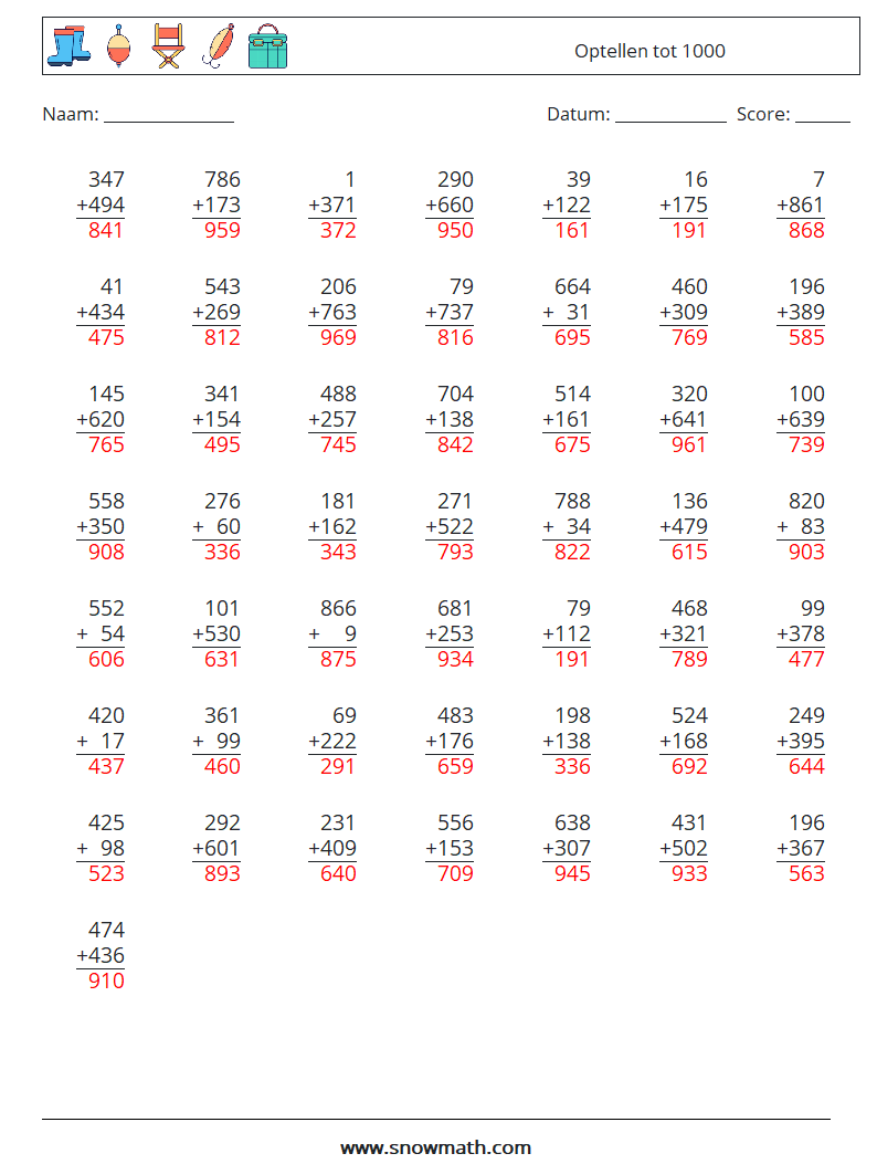 (50) Optellen tot 1000 Wiskundige werkbladen 6 Vraag, Antwoord