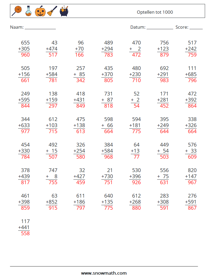 (50) Optellen tot 1000 Wiskundige werkbladen 7 Vraag, Antwoord