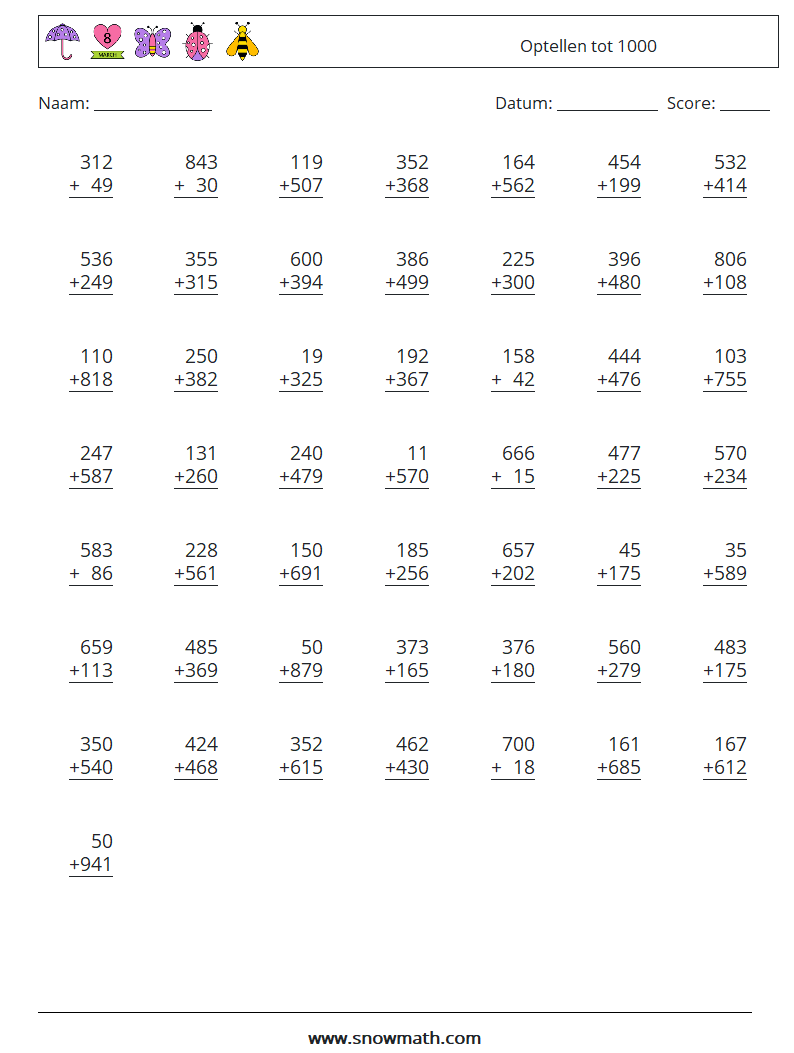 (50) Optellen tot 1000 Wiskundige werkbladen 8