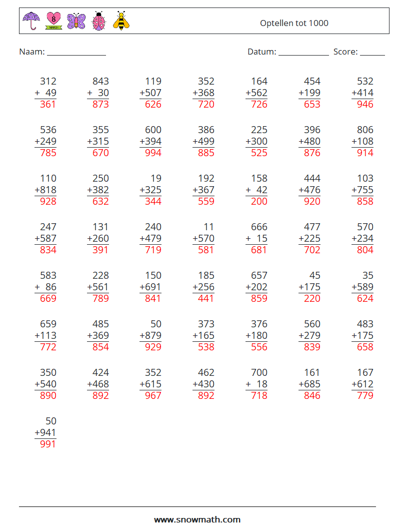 (50) Optellen tot 1000 Wiskundige werkbladen 8 Vraag, Antwoord