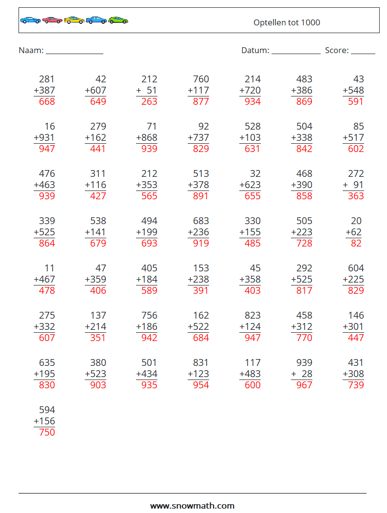 (50) Optellen tot 1000 Wiskundige werkbladen 9 Vraag, Antwoord