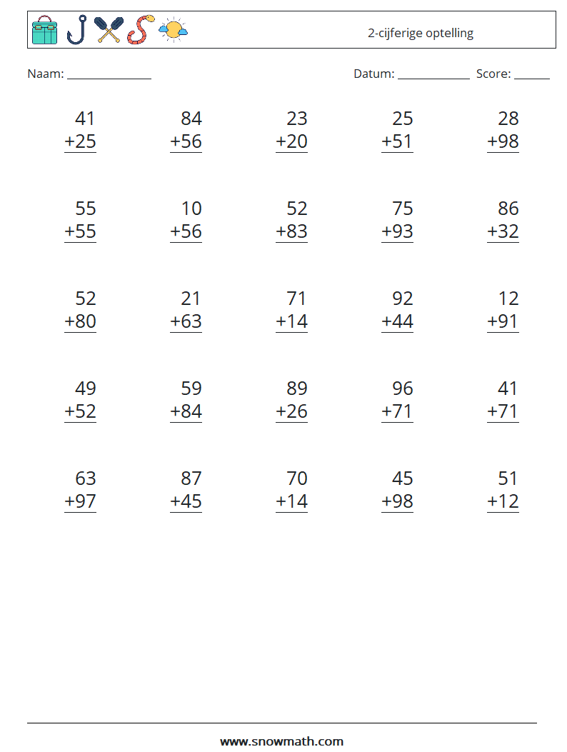 (25) 2-cijferige optelling Wiskundige werkbladen 1