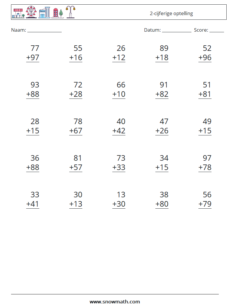 (25) 2-cijferige optelling Wiskundige werkbladen 10