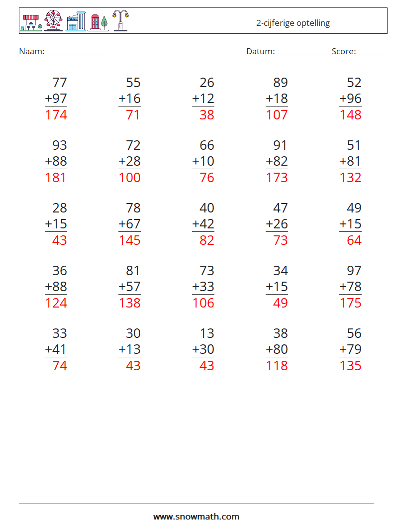 (25) 2-cijferige optelling Wiskundige werkbladen 10 Vraag, Antwoord