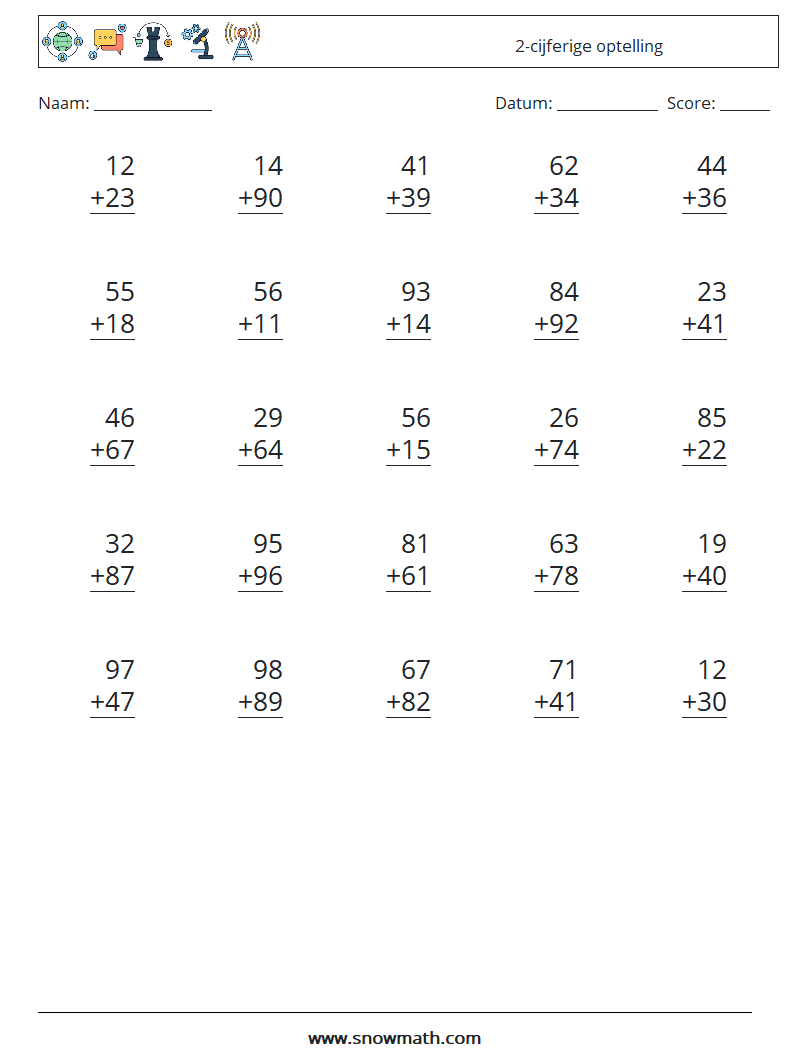 (25) 2-cijferige optelling Wiskundige werkbladen 11