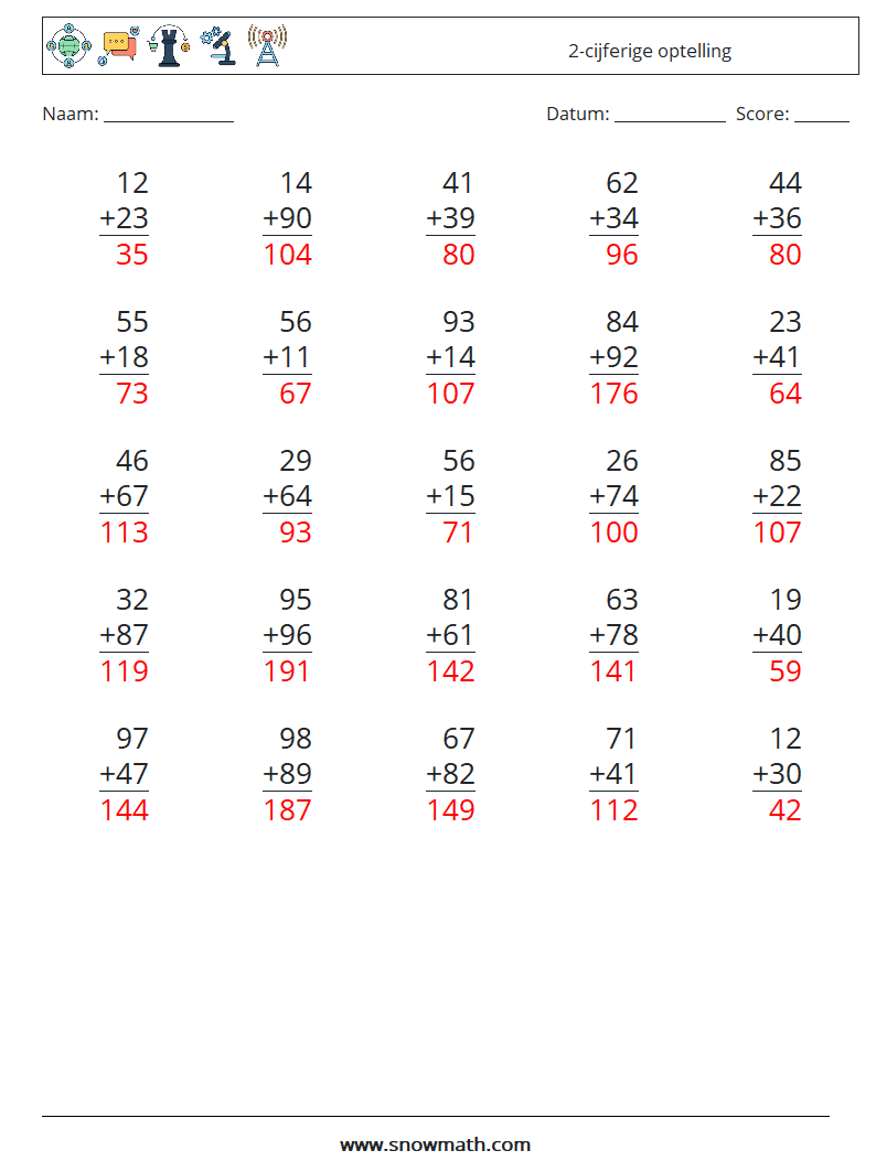 (25) 2-cijferige optelling Wiskundige werkbladen 11 Vraag, Antwoord