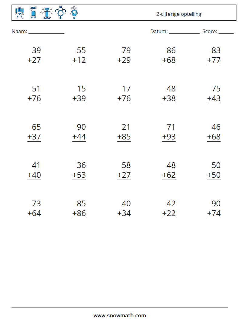 (25) 2-cijferige optelling Wiskundige werkbladen 12