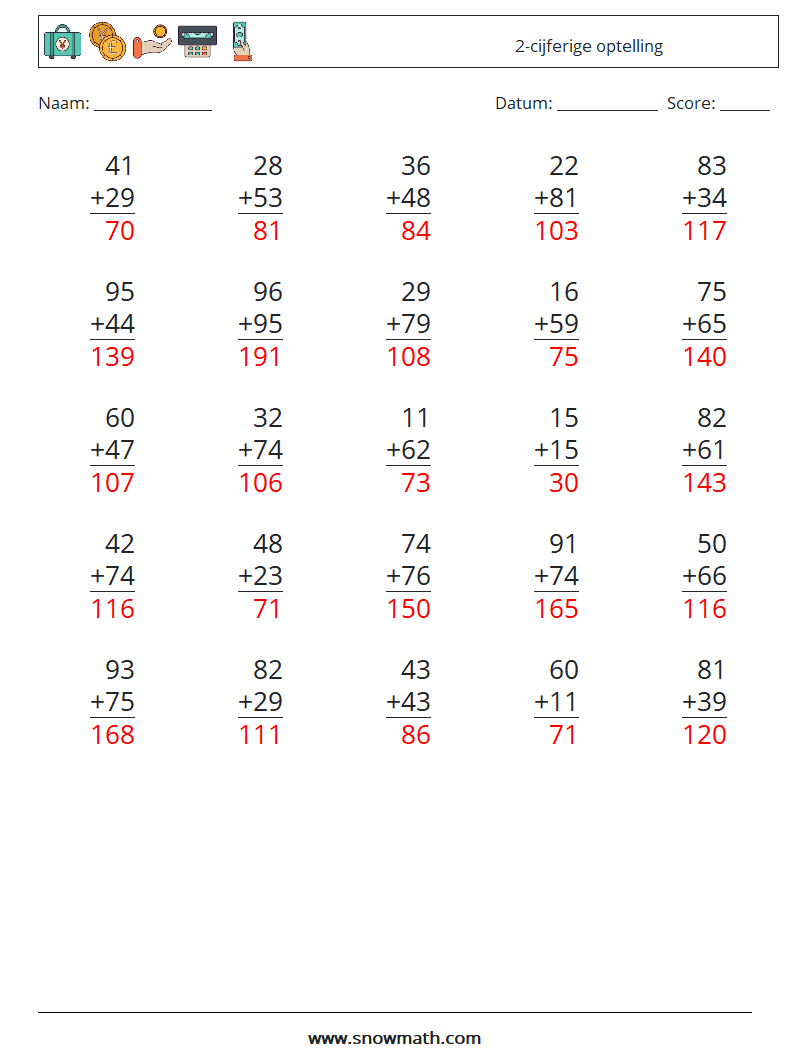 (25) 2-cijferige optelling Wiskundige werkbladen 13 Vraag, Antwoord