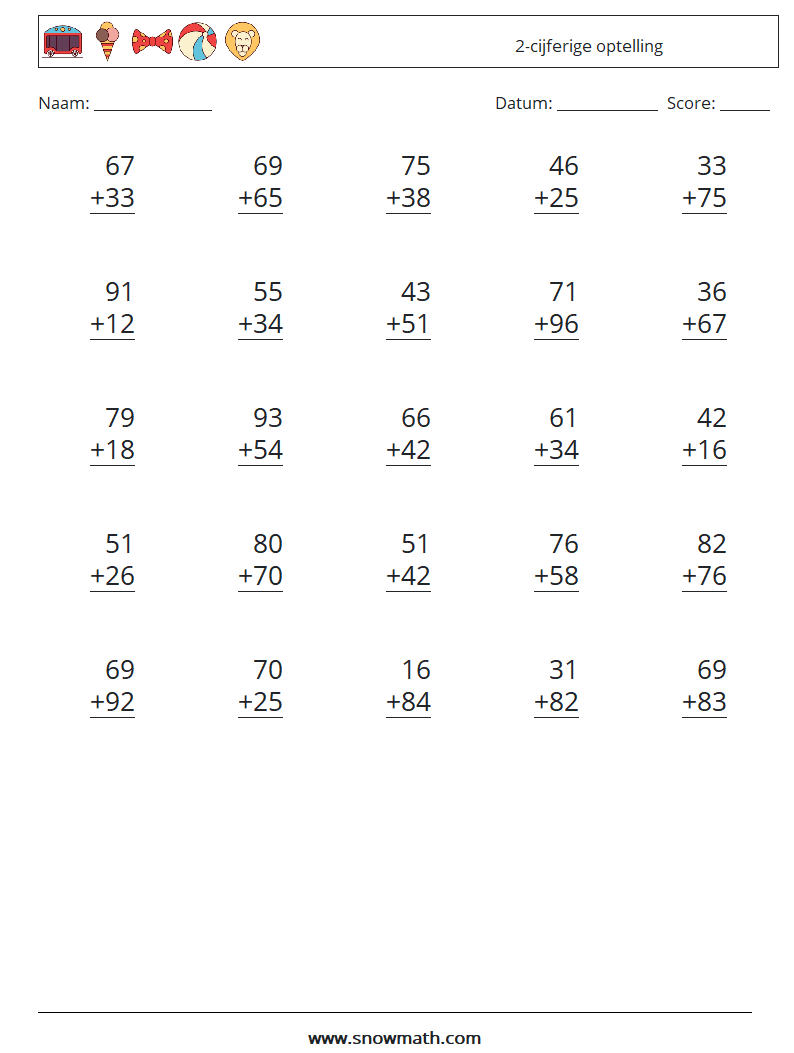 (25) 2-cijferige optelling Wiskundige werkbladen 14