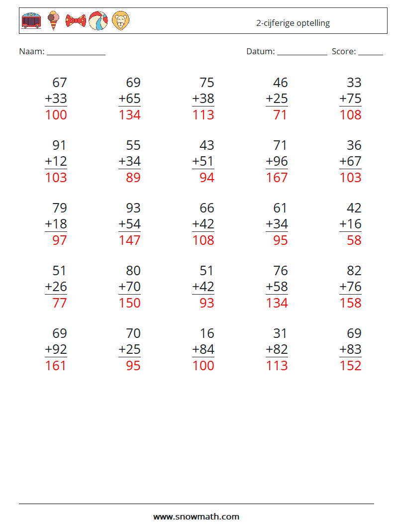 (25) 2-cijferige optelling Wiskundige werkbladen 14 Vraag, Antwoord