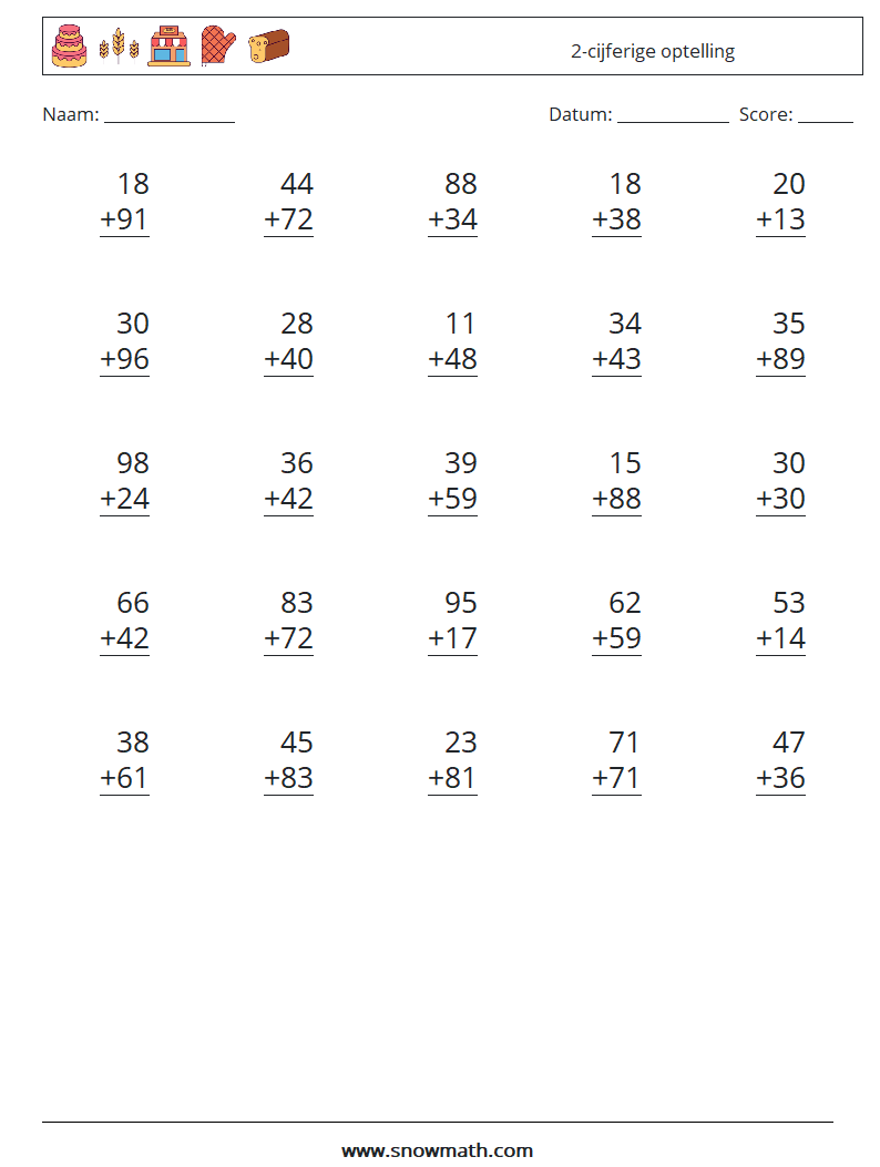 (25) 2-cijferige optelling Wiskundige werkbladen 15
