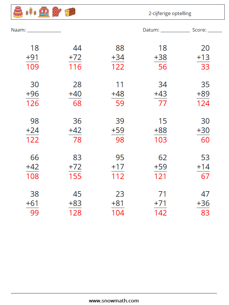 (25) 2-cijferige optelling Wiskundige werkbladen 15 Vraag, Antwoord