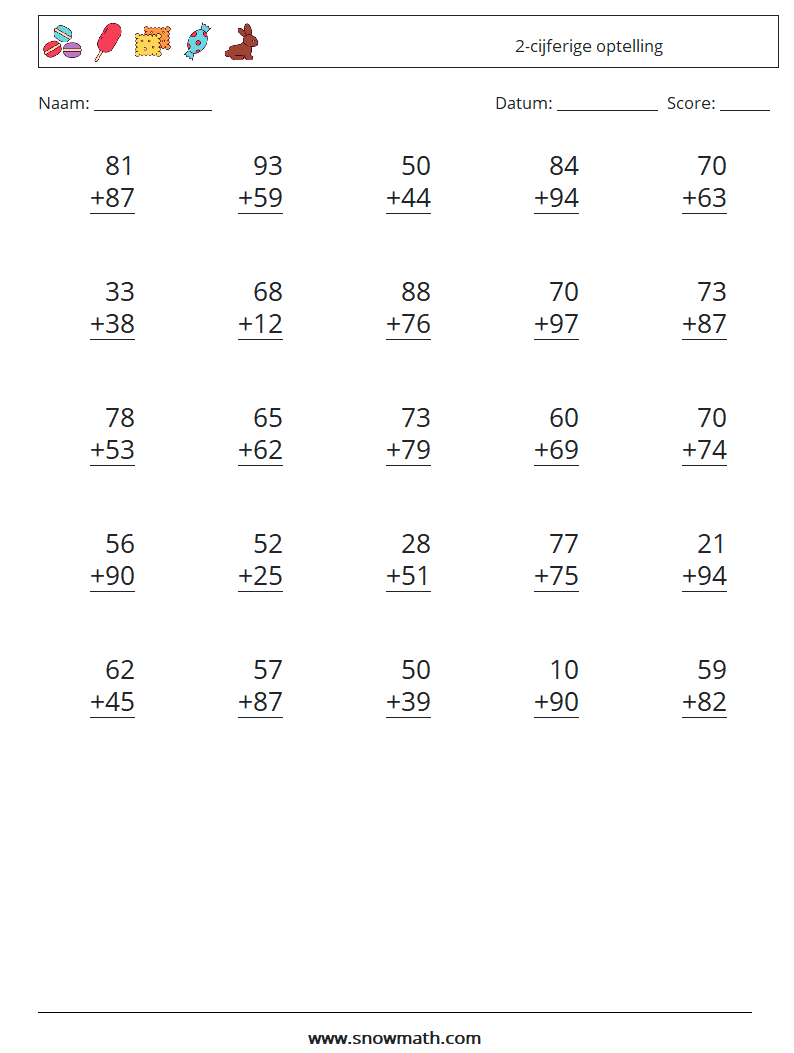 (25) 2-cijferige optelling Wiskundige werkbladen 16
