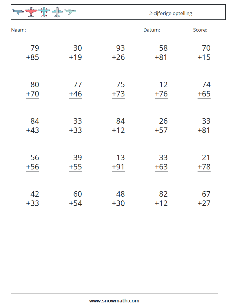 (25) 2-cijferige optelling Wiskundige werkbladen 17