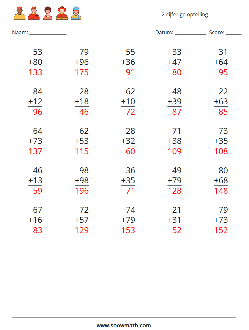 (25) 2-cijferige optelling Wiskundige werkbladen 18 Vraag, Antwoord