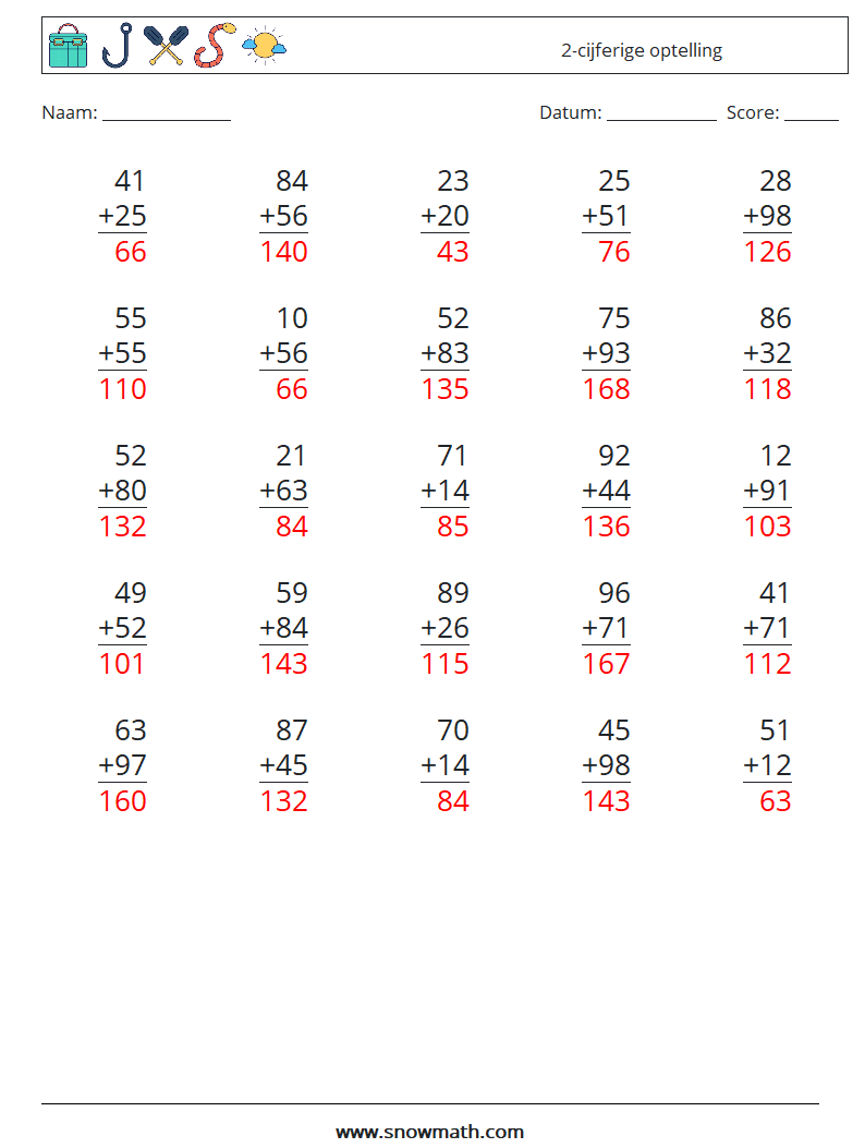 (25) 2-cijferige optelling Wiskundige werkbladen 1 Vraag, Antwoord