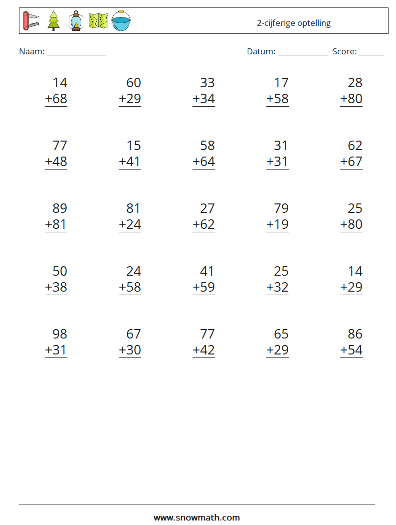 (25) 2-cijferige optelling Wiskundige werkbladen 2