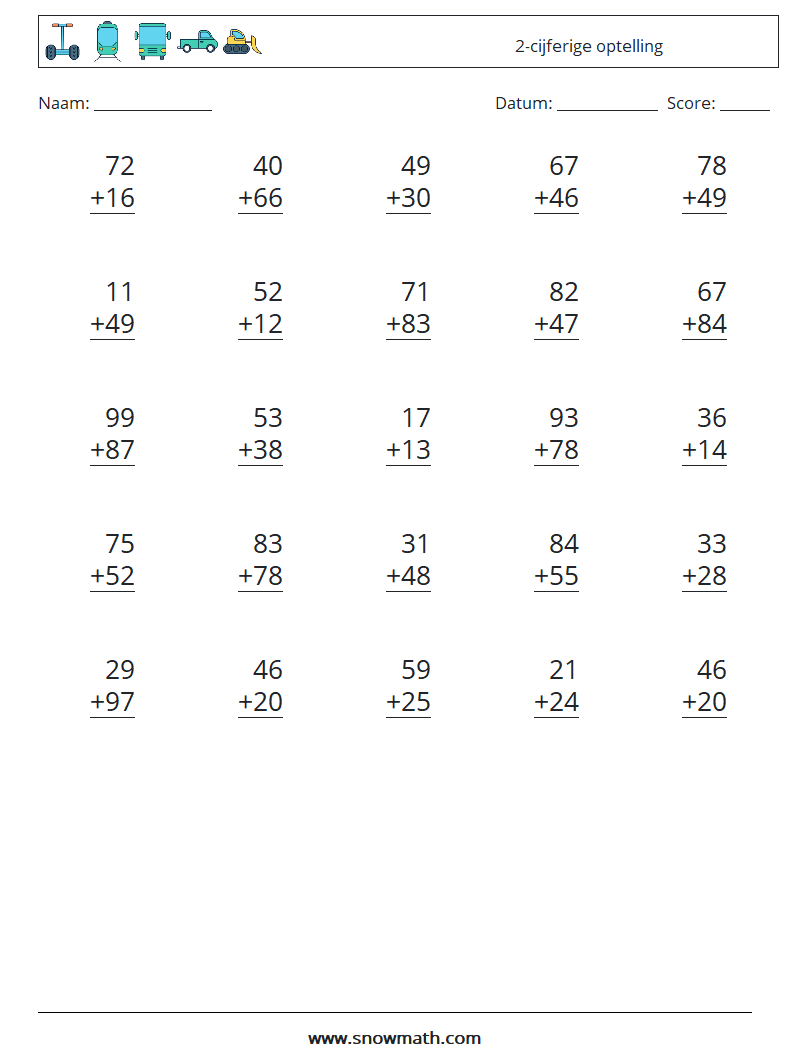 (25) 2-cijferige optelling Wiskundige werkbladen 3